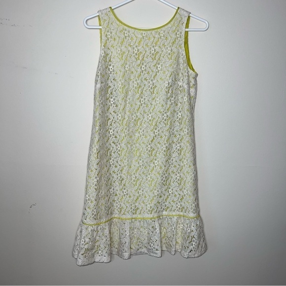 LOFT Ivory and Bright Yellow Lace Ruffle Hem Dress Size 4 - Picture 7 of 8